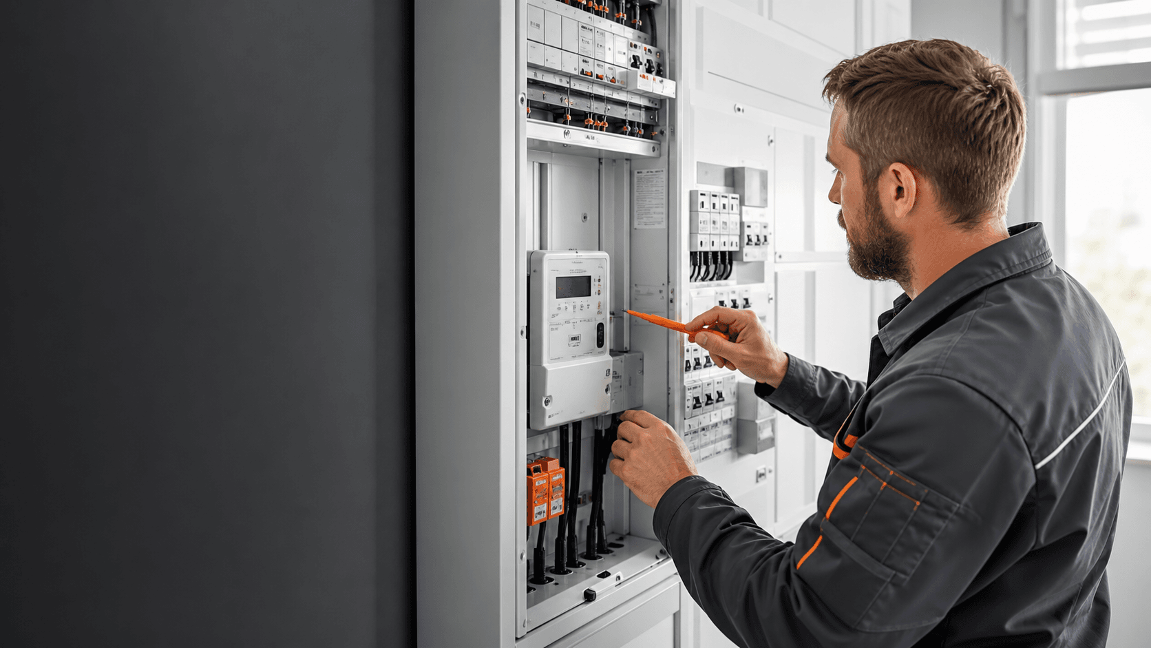 Elektrofachkraft prüft einen vollständigen modernen Zählerschrank