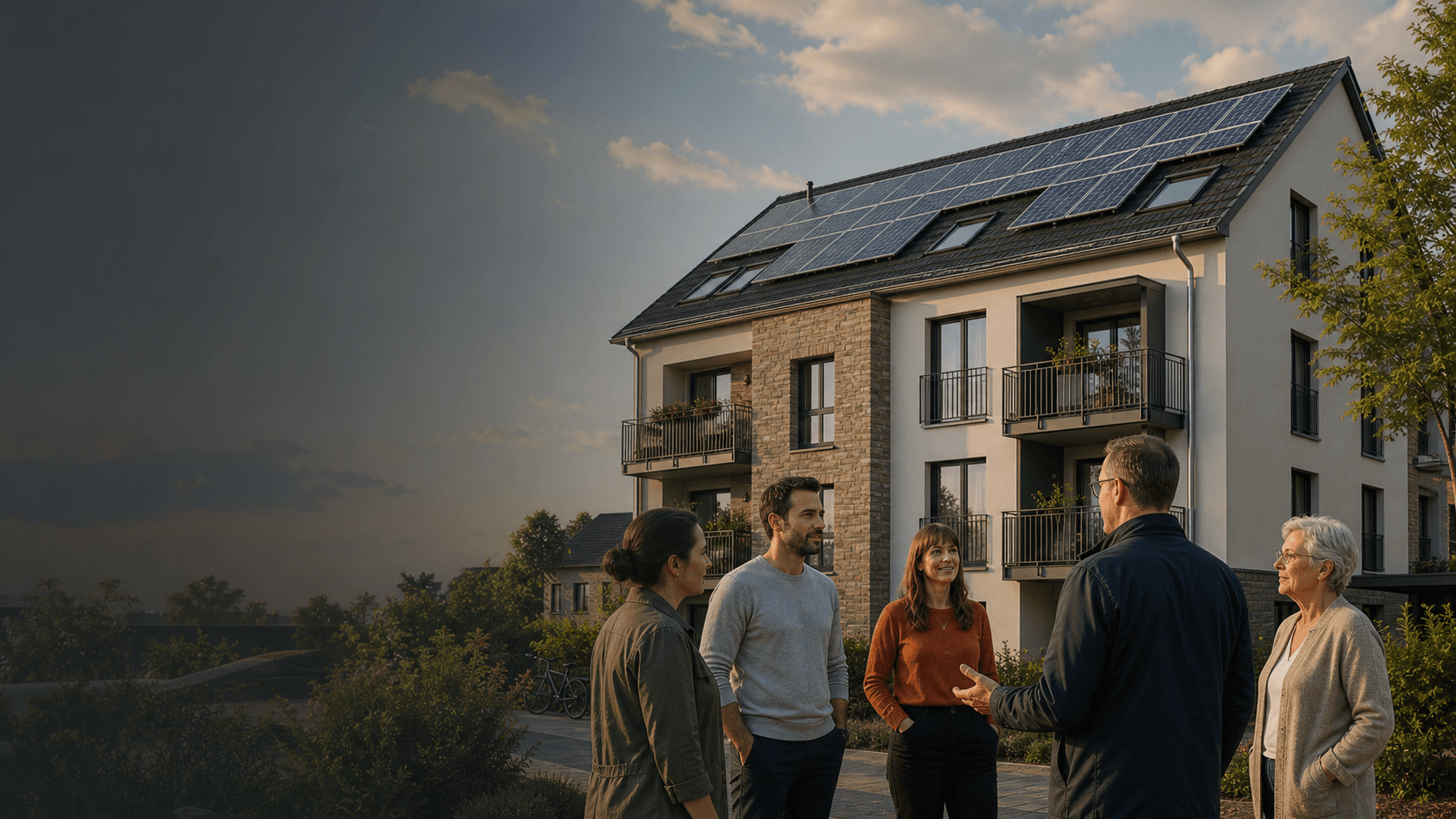Modernes Mehrfamilienhaus mit Photovoltaikanlage und Bewohnern
