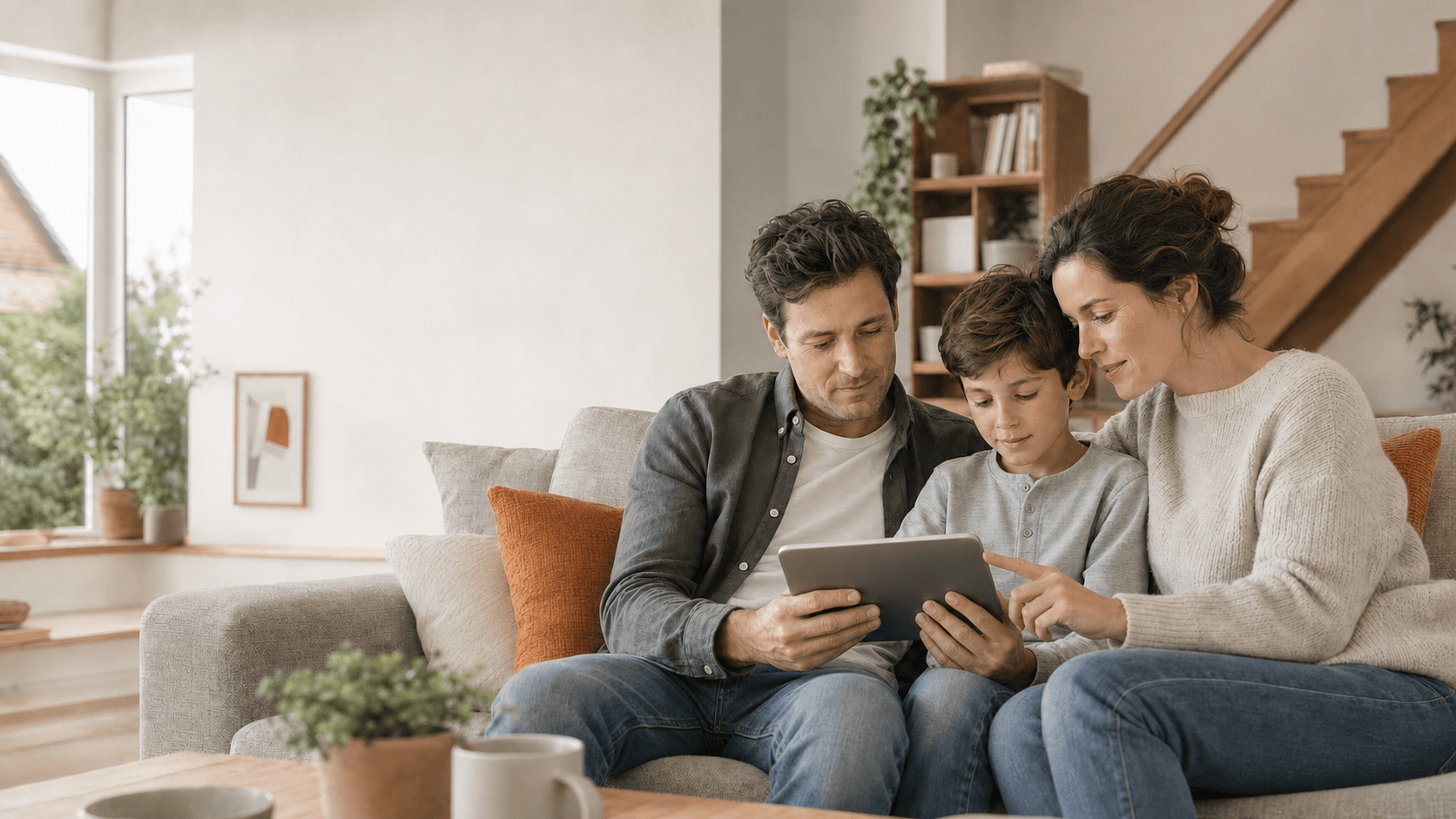 Familie liest gemeinsam Ratgeberartikel auf einem Tablet